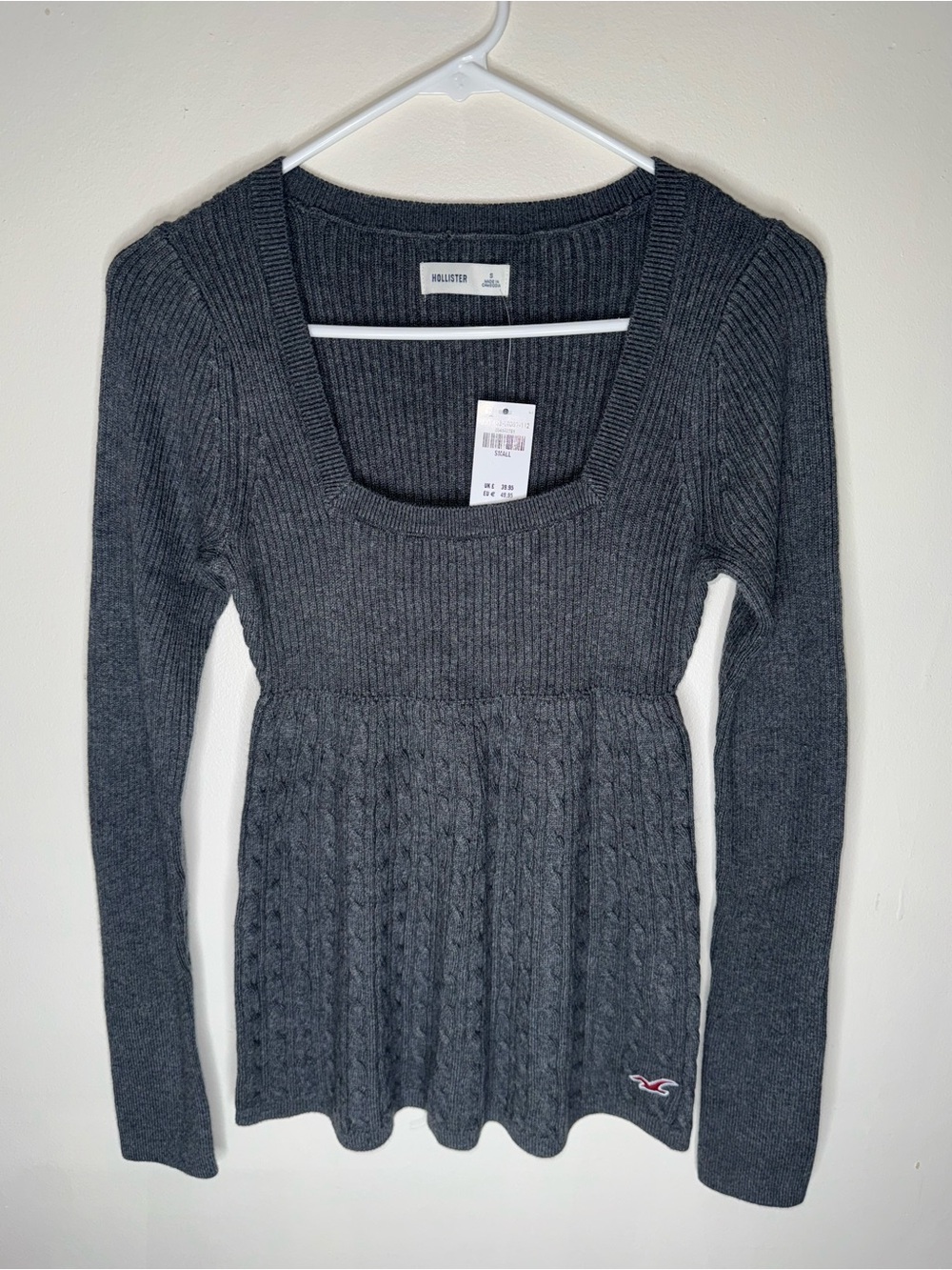 Hollister Women's Dark Charcoal Rib & Cable Knit Square Neck Sweater
